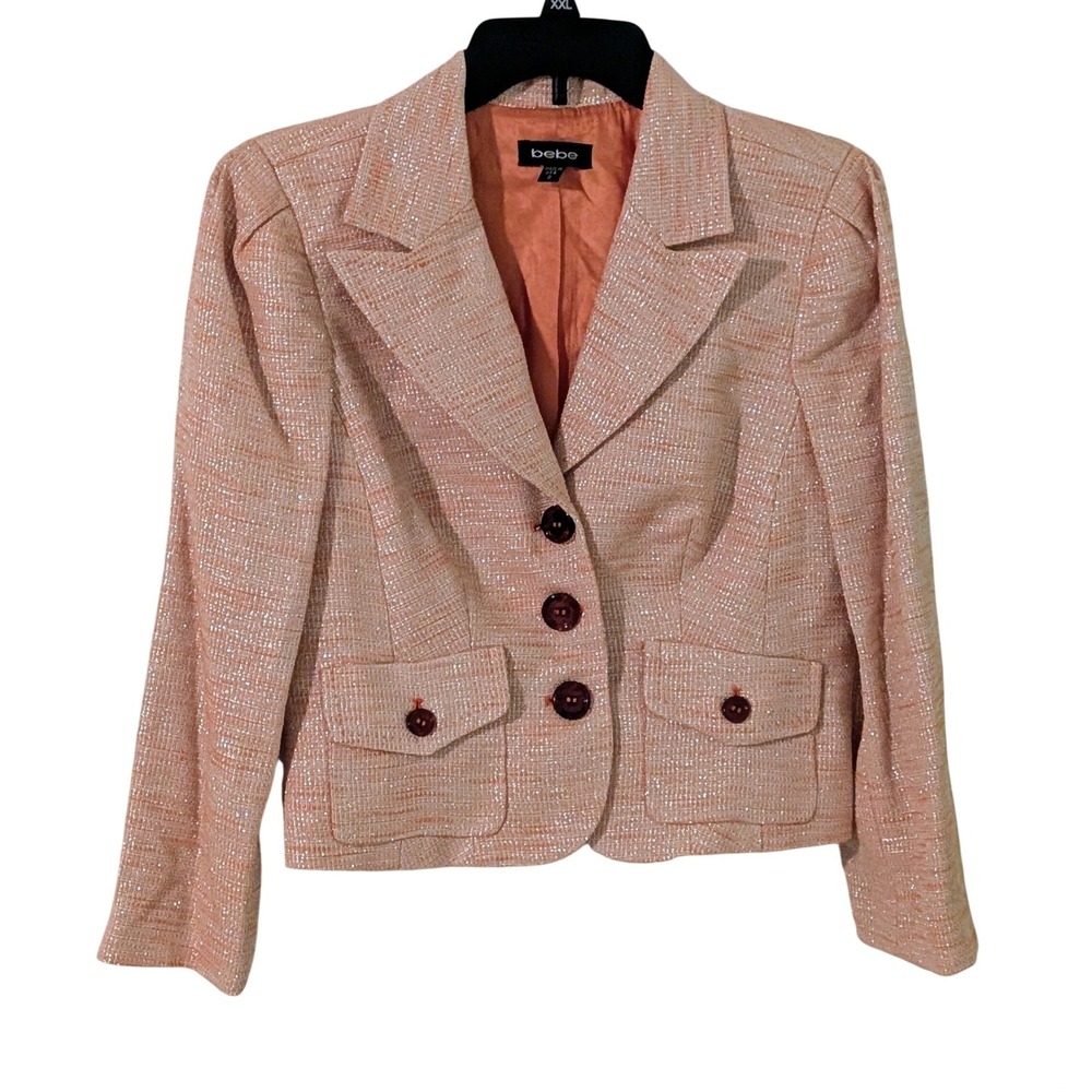Bebe Peach Orange Metallic Tweed Blazer Jacket Size 8 Linen Blend Business Chic